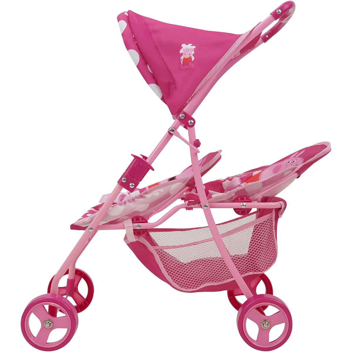 Peppa Pig: Doll Twin Stroller - Pink & White Dots - Fits Dolls up to 24 inches, Retractable Canopy, Easy to Fold for Storage & Travel, For Stuffed Dolls & Plush Toys, For Kids Ages 3+