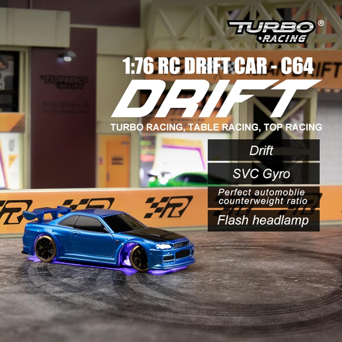 /76 Drift Car Turbo Racing C64 Mini RC Car, 1:76 Full Scale RC Car, Radio Controlled, Equipped with 2.4Ghz Remote Control with Gyroscope, 30 Minutes Continuous Running, LED Headlights, Chassis Lights, Turn Signals, Suitable for Home and Indoor Use (Blue)