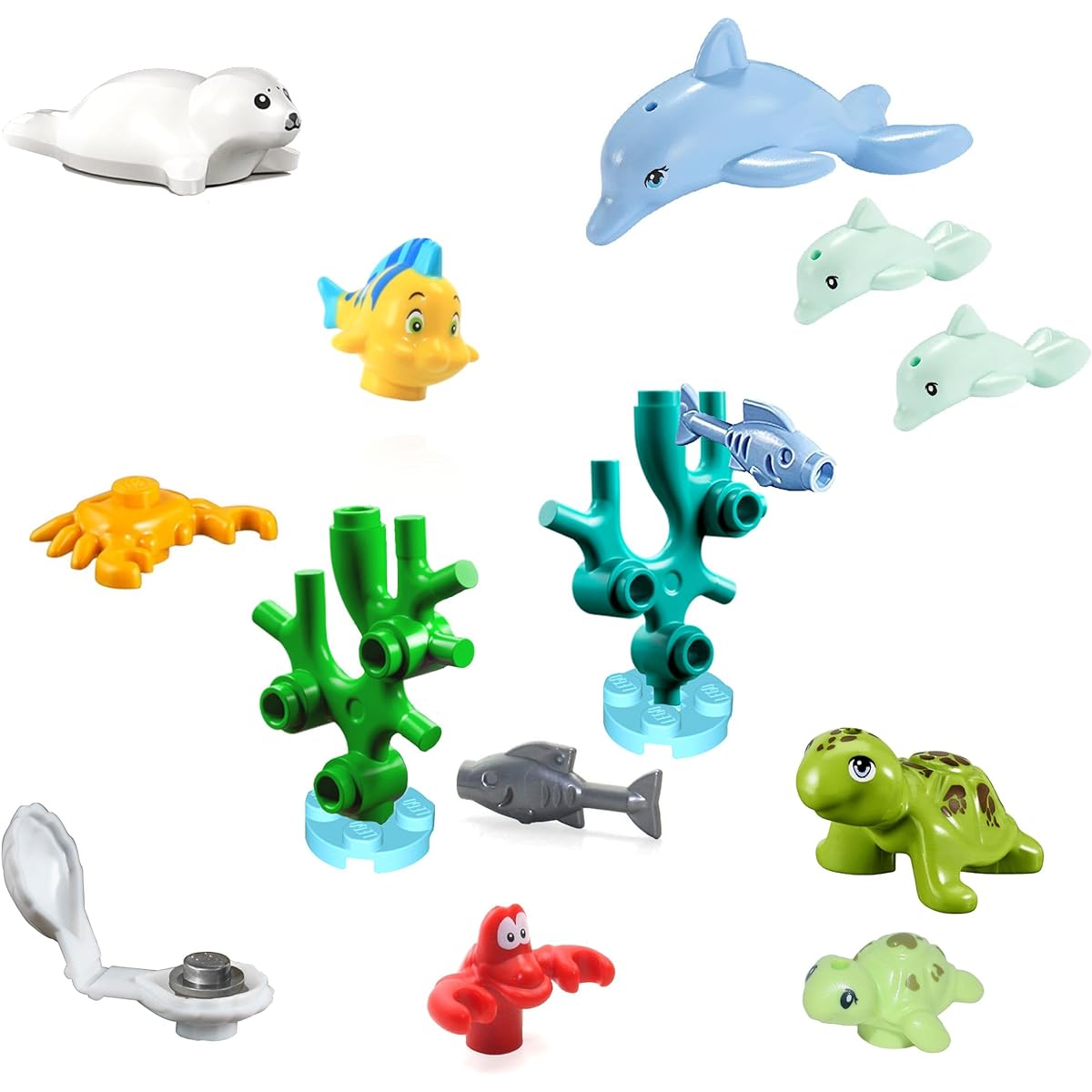 LEGO Friends Animals Ocean Pack - 12 ocean marine items (coral reef, stingray, dolphin, crab, fish, clam, turtle) Very small