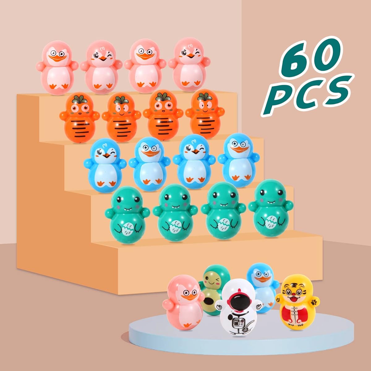 60 Pieces Mini Animal Tumbler Toy Set Kids Party Favors Right Handed Doll Fidget Toy Cute Tumbler Toys Rolly Poly Free Standing Doll Tumblers Bulk Toys for Boys Girls Classroom Giveaways Pinata Fillers