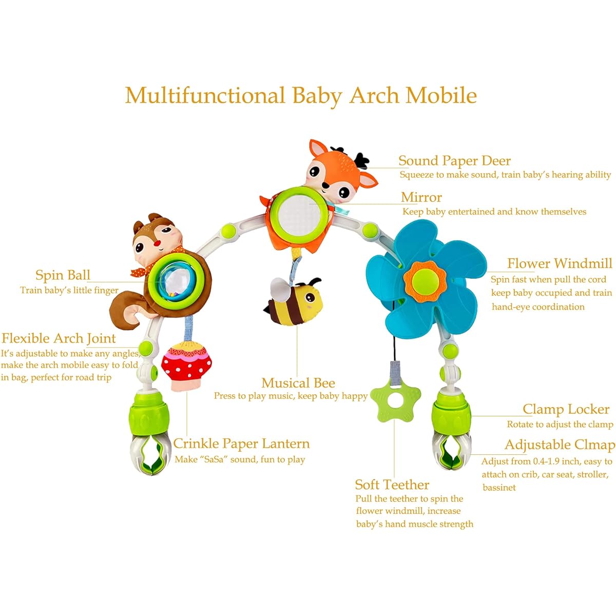 Stroller Arch Mobile, Adjustable Music Circle Mobile Toy with Universal Clamp, Versatile Activity Toy Bar, Baby Bouncer, Toddler Car Seat Toy, Stroller Toy Mobile for Bassinet Crib - Orange