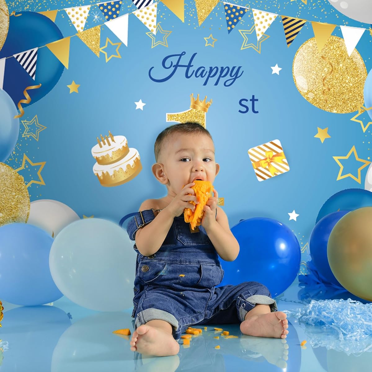 Blue 1st Happy Birthday Decorations for Boys, Light Blue and Gold First Birthday Banner Newborn Toddler Baby Shower Party Backdrop Mr Onederful Birthday Photo Props Decorations 71 x 43.3 Inch