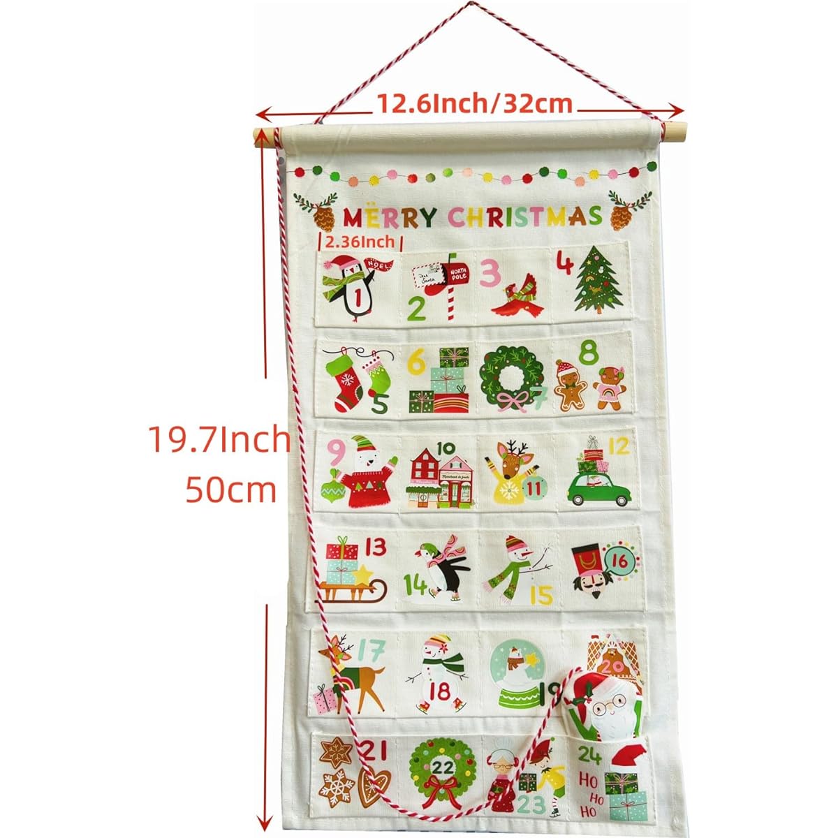 LYSXP Christmas Advent Calendar Christmas Countdown Calendar 24 Cute Christmas Pattern Pockets Santa Claus