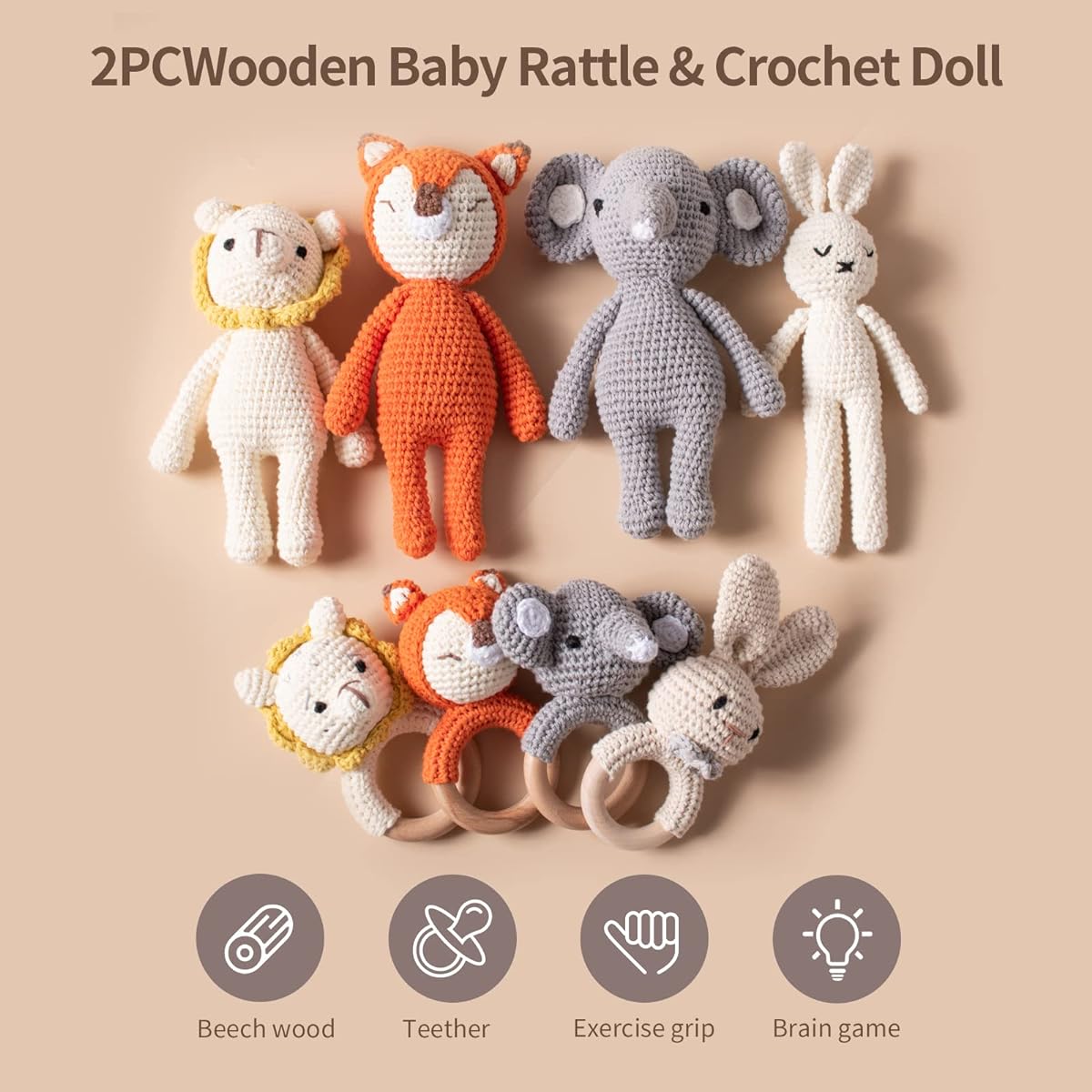 Wooden Baby Bunny Rattle & Crochet Doll Stuffed Animal Rabbit Plush Toy for Newborn | 100% Handmade Toddler Soothing Toy, Sensory & Early Grip Development, Thanksgiving Gift