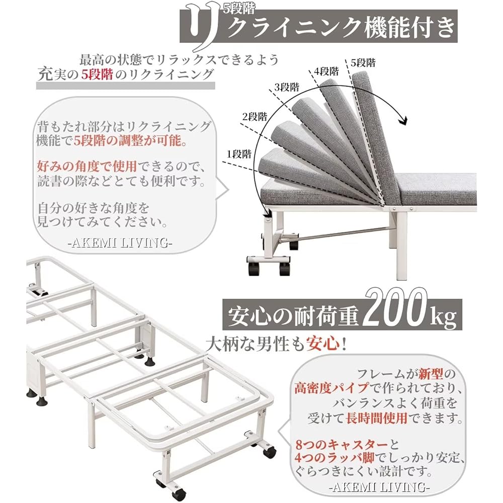 AKEMI LIVING Folding Bed, Compact Folding Bed, Single Simple Bed, High Resilience Mattress, 5 Levels of Reclining, Folding Bed, Space Saving, No Assembly Required, Comes with Casters
