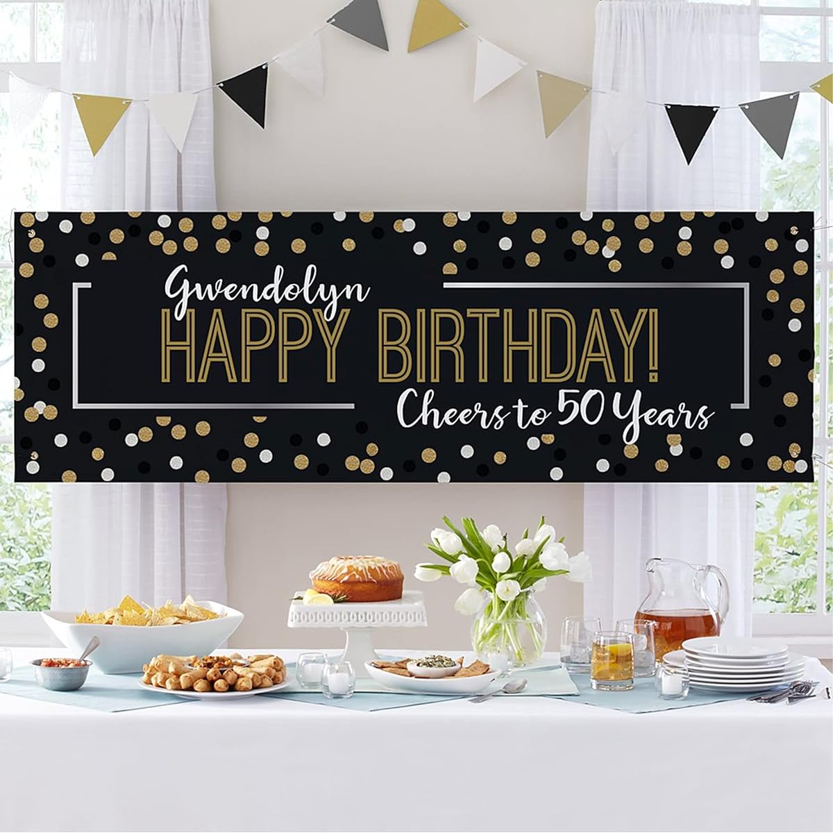 Let's Make Memories Personalized Celebration Banner - Party Banner - Customized Banner - Black and Gold Party Decorations - 6 Feet Long