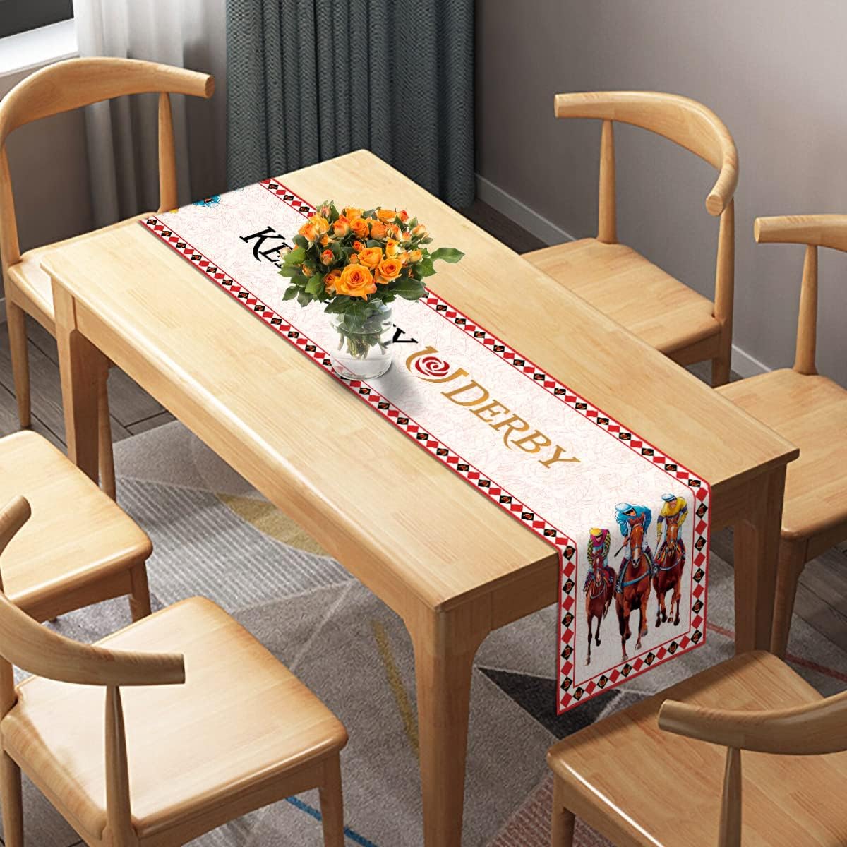 Sunwer Kentucky Derby Table Runner Rose Jockey Horse Racing Indoor Outdoor Party Table Cover Decor for Home Kitchen Dining Room (13" x 90")