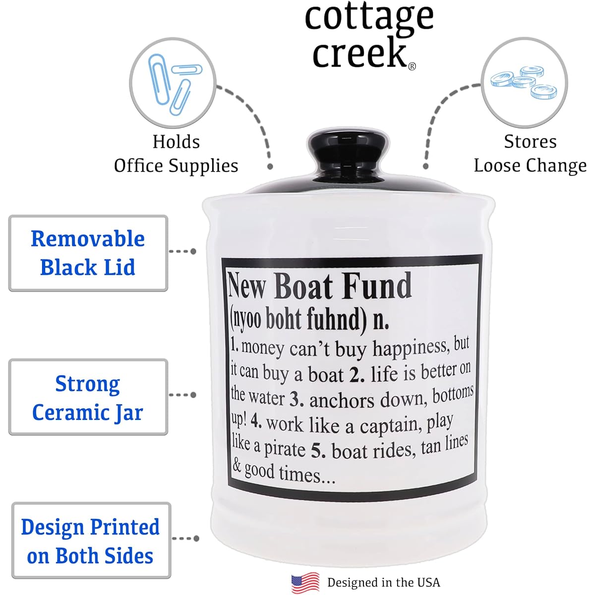 Cottage Creek Pig Money Box Boat Fund Coin Bank Round Ceramic Boat Fund Jar with Black Lid Boat Accessories Boat Gifts White