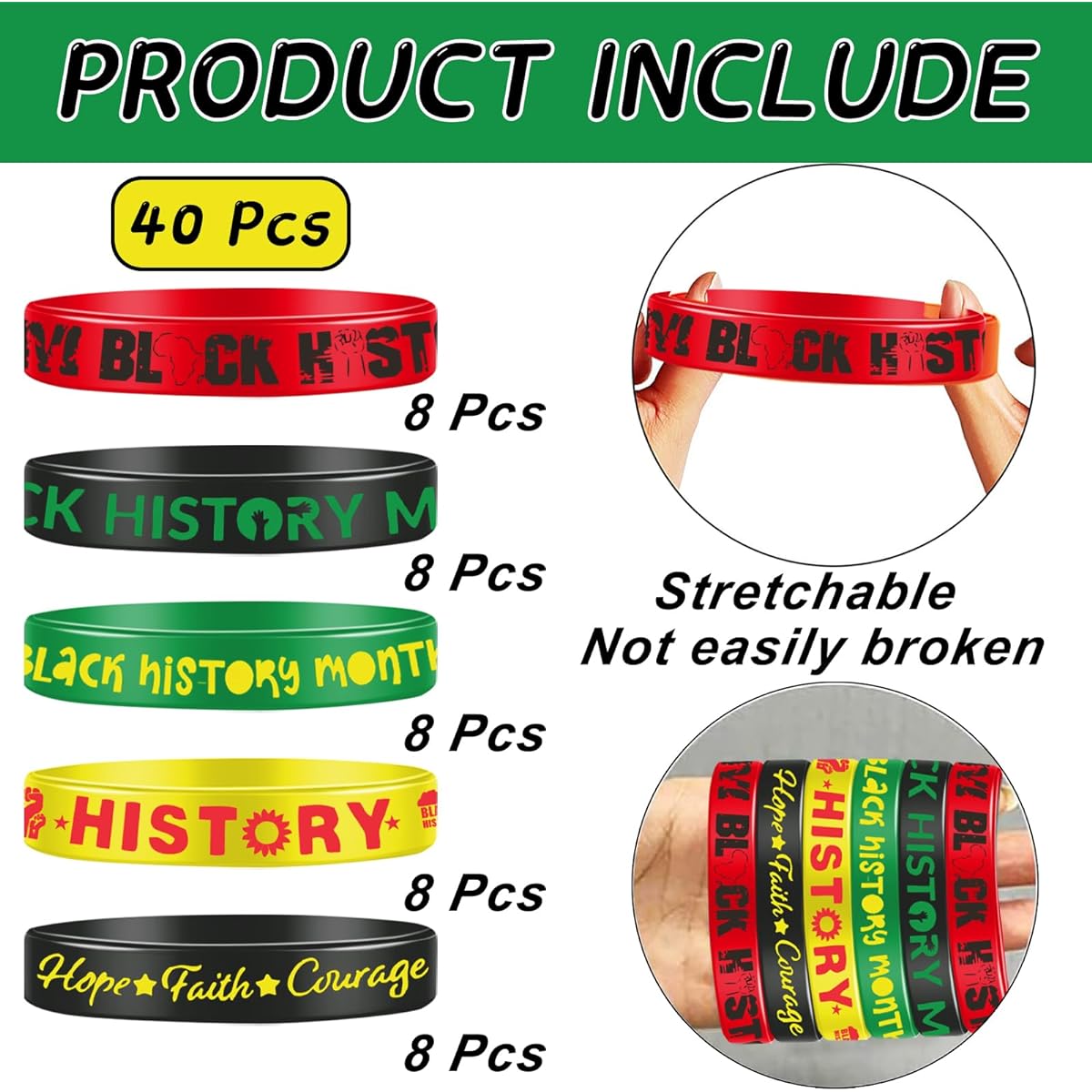 VAYNEIOJOY 40pcs Black History Month Silicone Bracelets Party Favors Black History Month Wristbands Party Supplies Black History Party Goodie Bag Stuffers Silicone Wristbands for Adults