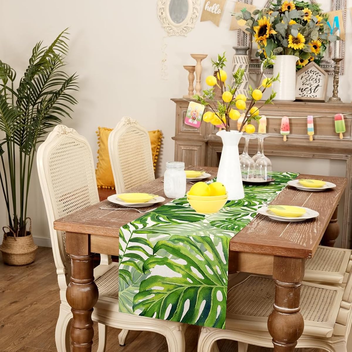 ARKENY Summer Table Runner 13x36 Inch Palm Leaves Seasonal Farmhouse Green Burlap for Indoor Kitchen Anniversary Dining Table Decorations Home Party AT600-36