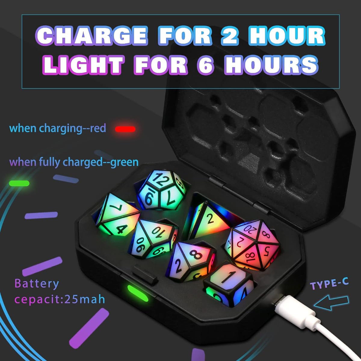 HNCCESG Luminous DND Dice, Rechargeable LED D&D Dice 7pcs Electronic Dice with Charging Box, Dungeons & Dragons Dice Polyhedral Glow Dice Set for Tabletop Games Role Playing Games (Color Light)