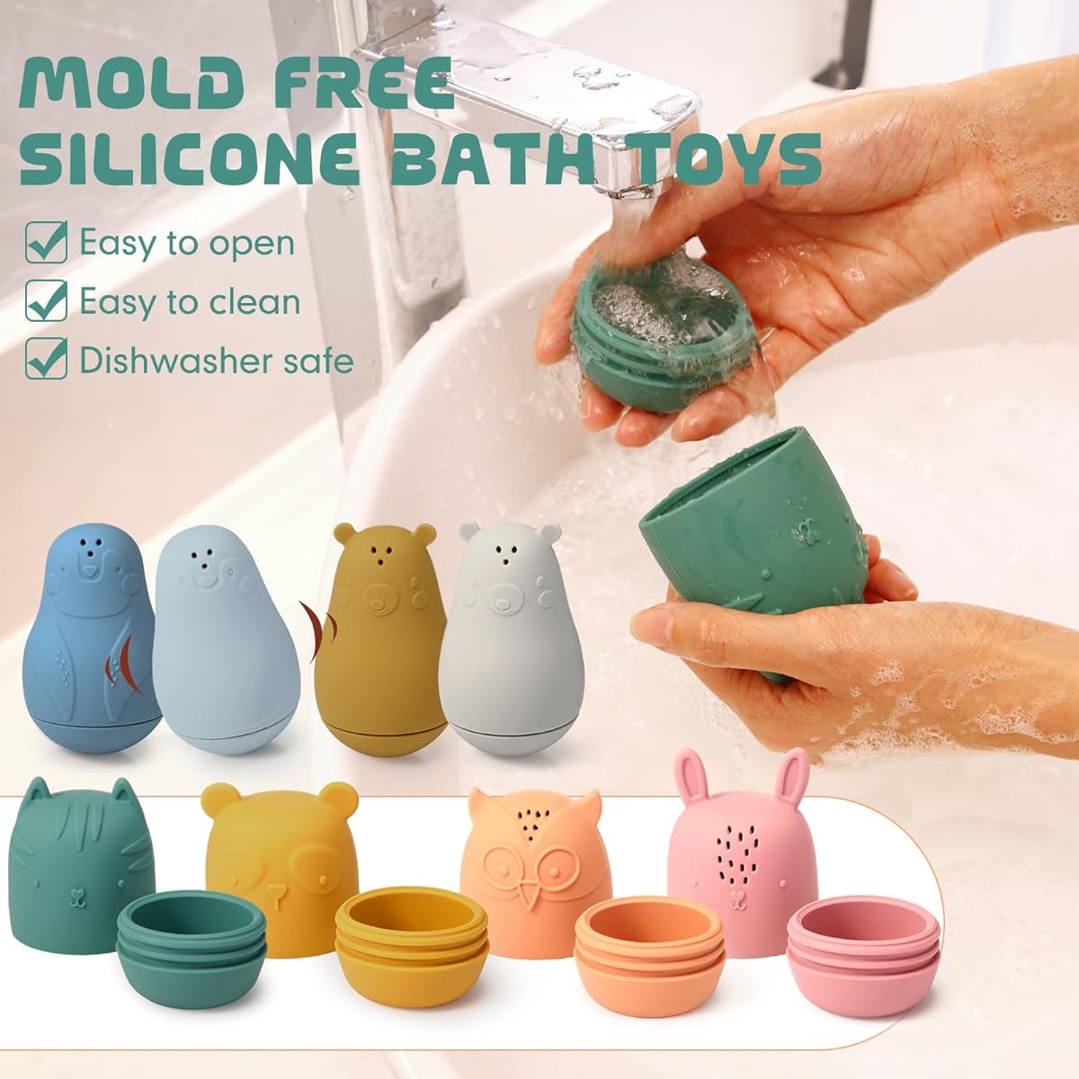 Libima Silicone Bath Toys, Colorful Adorable Animals Bathtub Toys, Floating Water Toys, Bathtub Silicone Toys, Easy Open and Clean Design for Boys and Girls, 8 Pieces