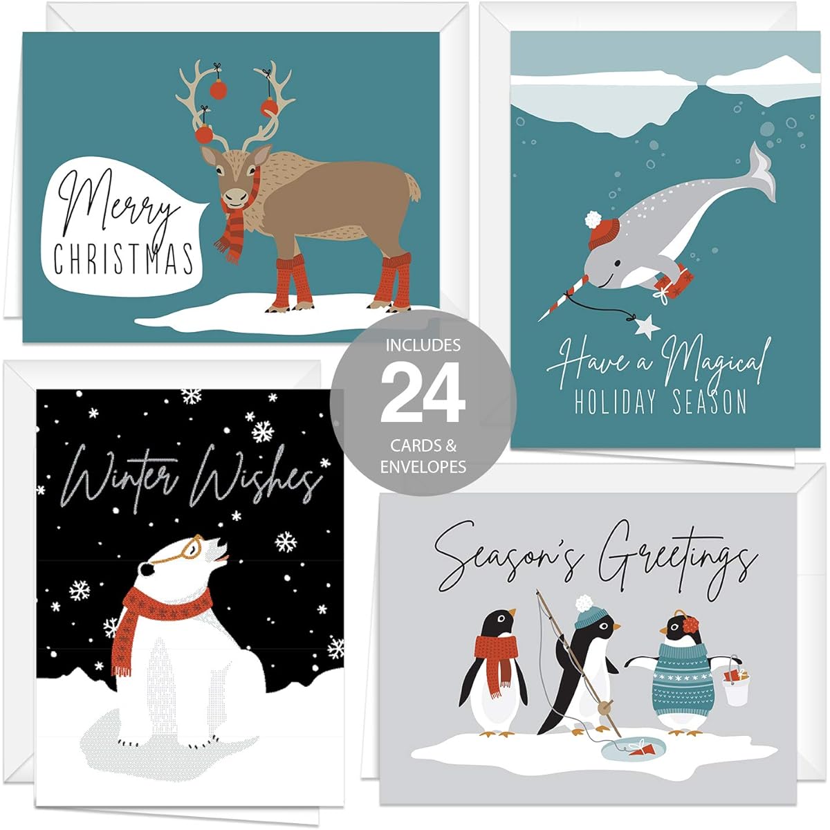 Arctic Animals Holiday Card Pack/24 Cards and White Envelopes/6 1/4" x 4 5/8" Adorable Arctic Animals Christmas Notecards