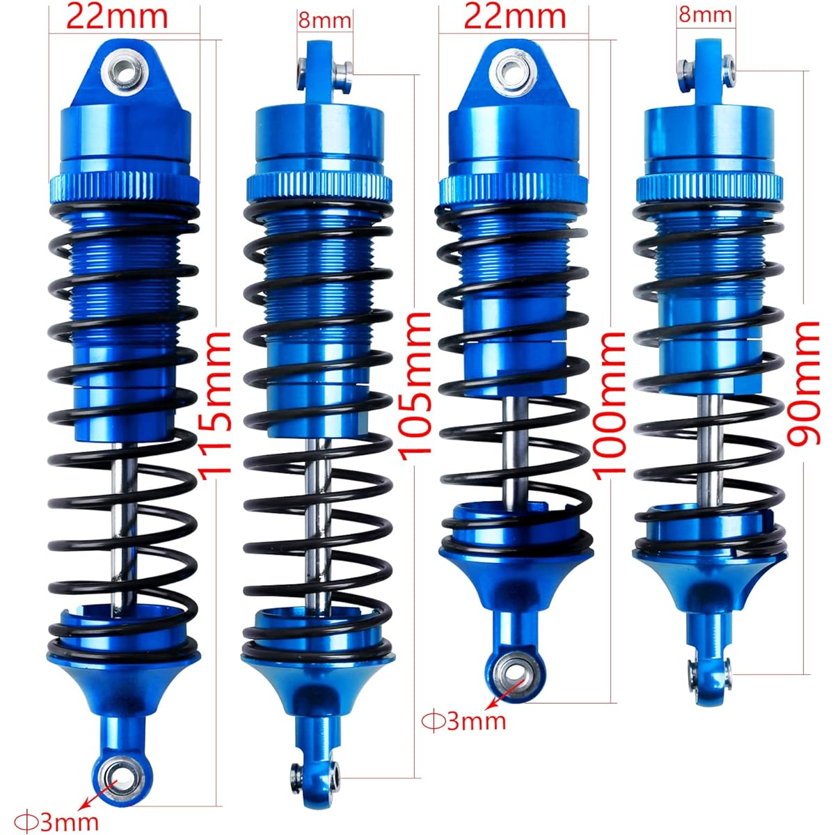 AllinRC 4pcs All Metal Aluminum Front & Rear RC Shocks for 1/10 RC Truck Traxxas Slash 2WD/4x4 Rustler 4X4 Shocks Stampede 4X4 Shocks Hox 4X4 5862 3760 3762 Replacement (Navy Blue)