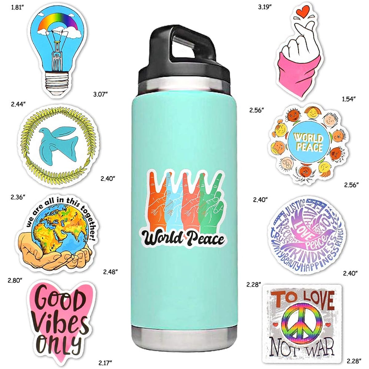 Peace Stickers for Kids Water Bottles Stickers for Teens Peace and Love Sticker Waterproof Stickers Vinyl Laptop Stickers Pack (50 Pcs)