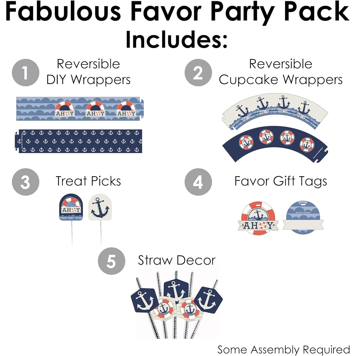 Big Dot of Happiness Ahoy - Nautical - Baby Shower or Birthday Party Favors and Cupcake Kit - Amazing Favors Party Pack - 100 Pieces