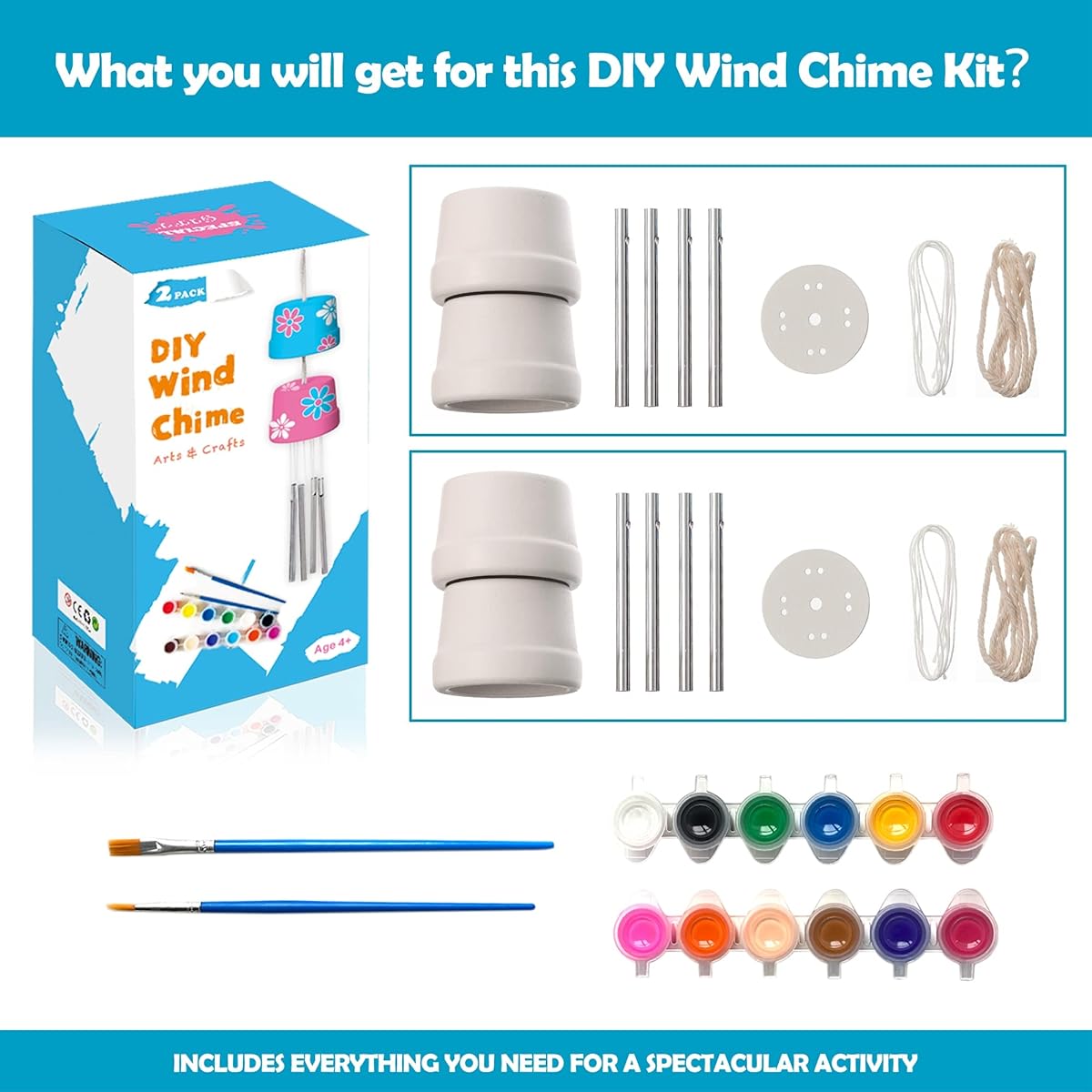 TISTON Wind Chime Kit for Kids Crafts Toddler DIY Wood Craft Painting Art Kit with Paints & Brushes Birthday Holiday Gift with Color Box 2 Pack