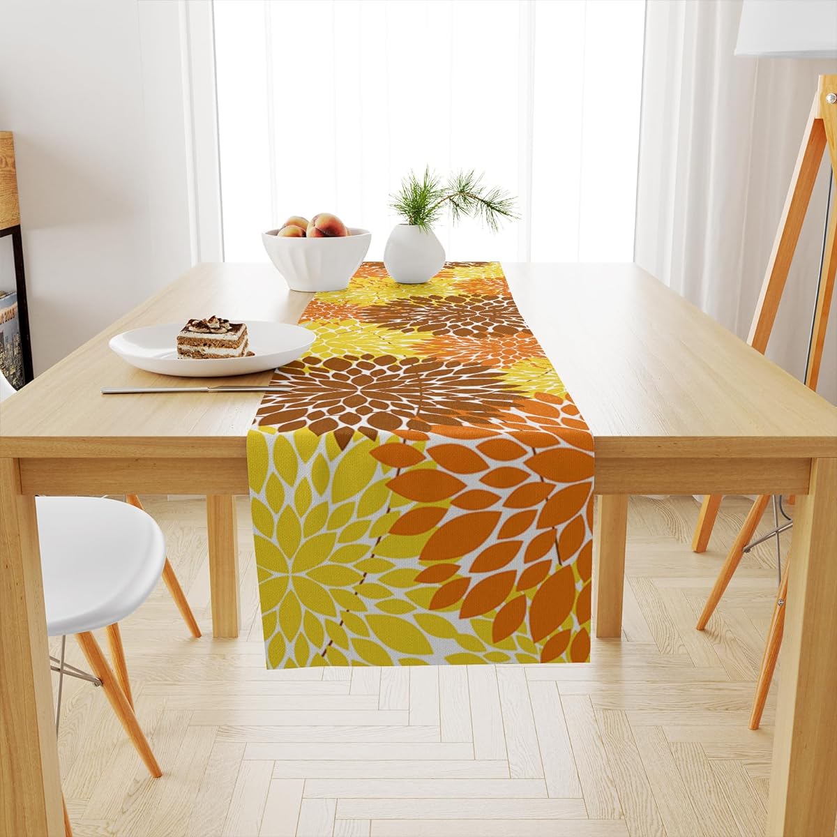 Snycler Autumn Dahlia Table Runner Orange Yellow Dahlia Pinata Flower Table Runner Modern Elegant Farmhouse Geometric Pattern Table Center Linen Decor Home Dining Party Entrance (13x48 Inch)