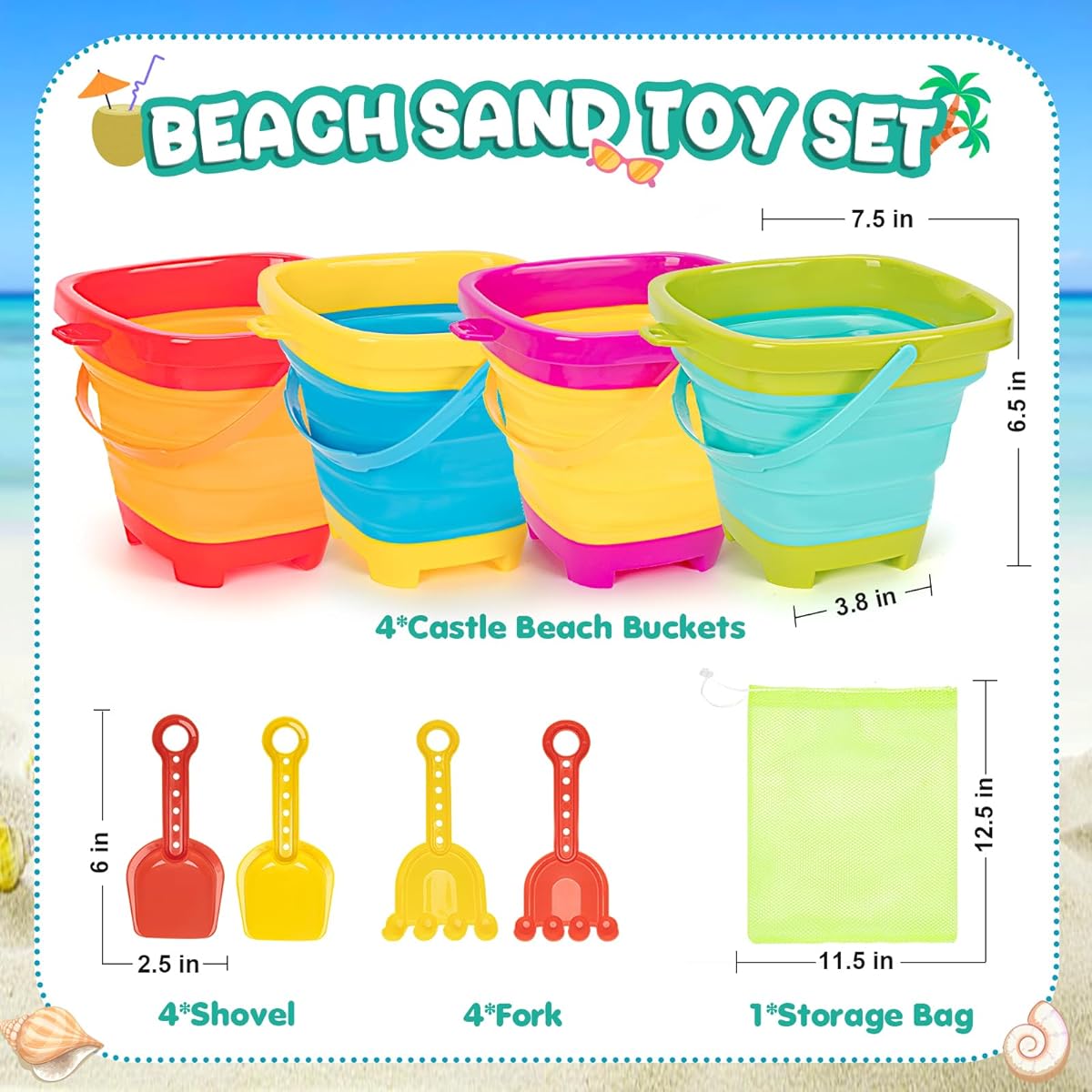 4 Pack Collapsible Bucket Bucket with Shovel & Mesh Bag, Collapsible Bucket Multipurpose Beach Camping Equipment Beach Party Fishing Fun Summer Activities
