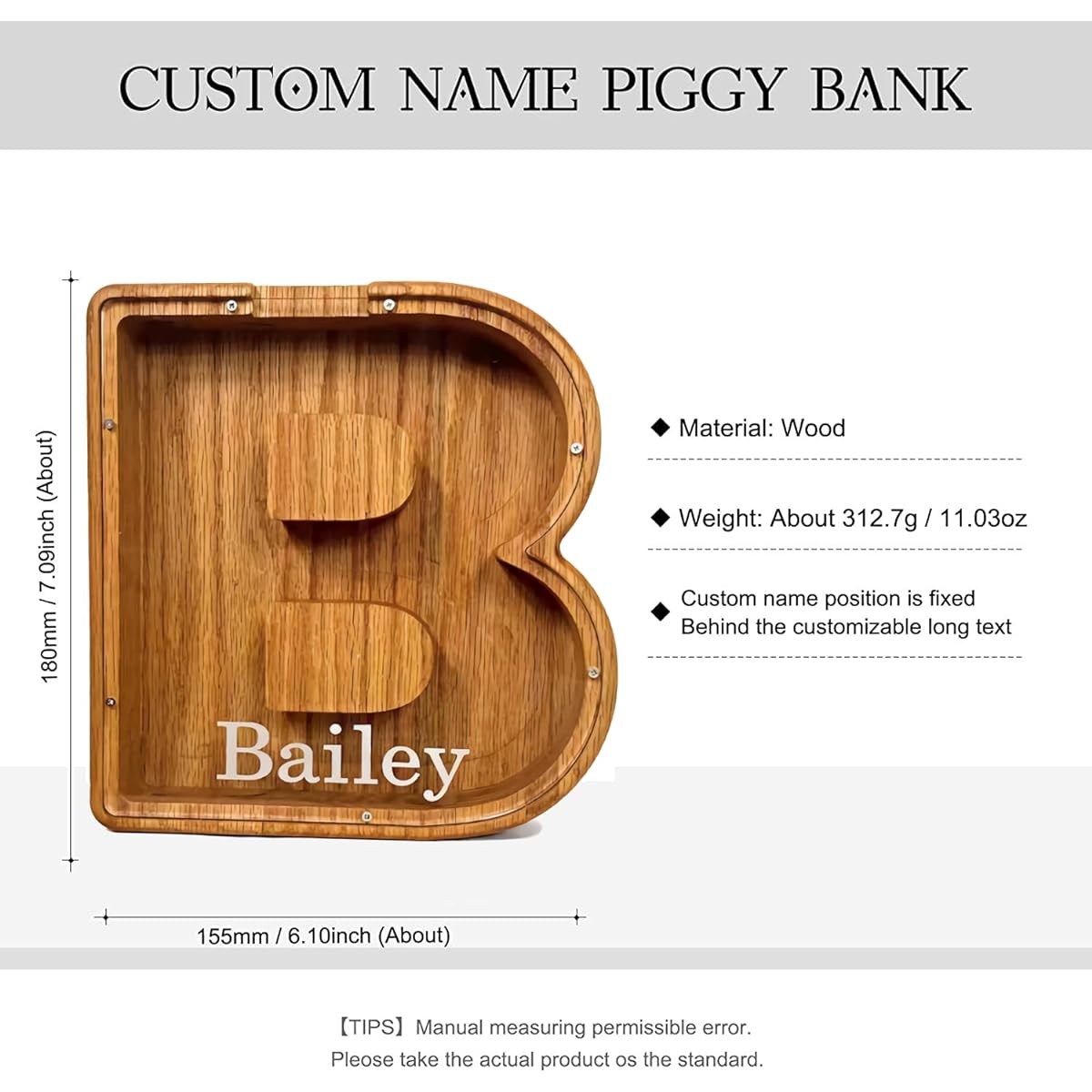 Personalized Wooden Piggy Bank Gift Coin Bank Laser Engraved Name 26 English Letters DIY Decoration Practical Gift for Birthdays and Christmas (B)