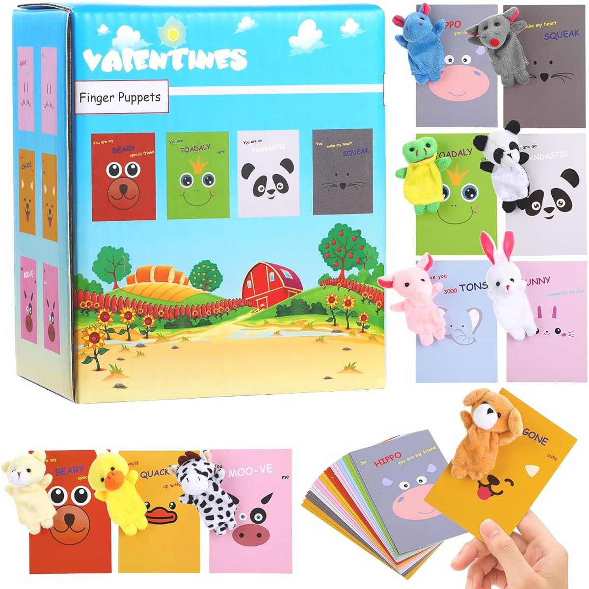 BILLMOSS Valentine's Day Finger Puppets with Greeting Cards, 20 Pack Plush Animal Puppets Toys for Kids School Gift Exchange