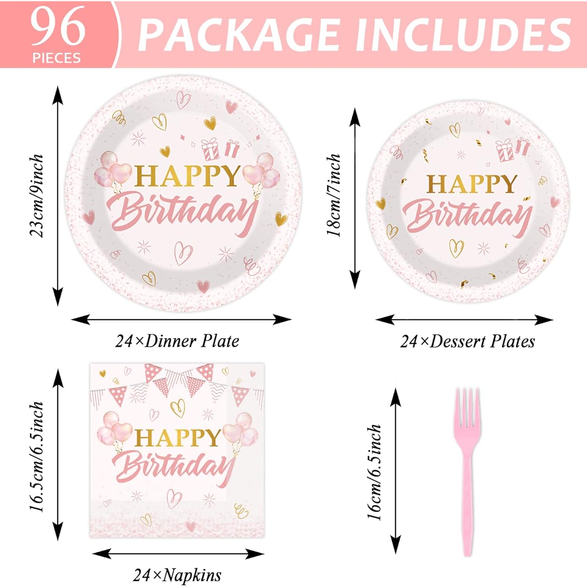 96 Piece Pink Birthday Tableware Set, Pink Rose Gold Birthday Table Decoration Supplies, Birthday Dessert Plates, Napkins Forks for 24 People, Women's Birthday Disposable Party Favors