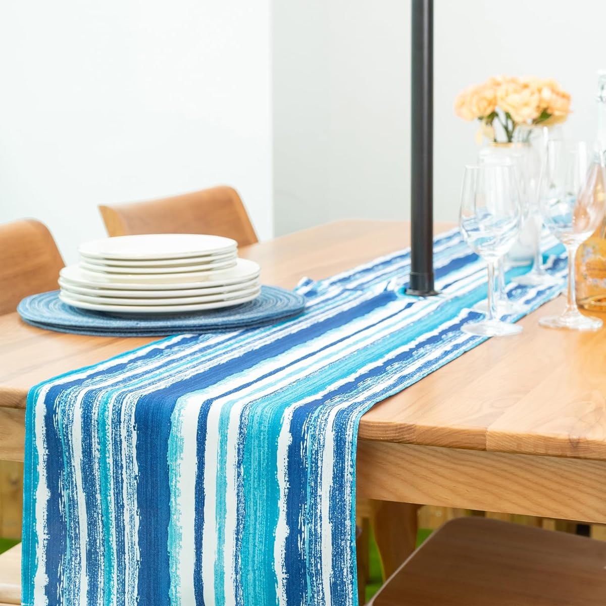 Spring Summer Outdoor Table Runner - 14 x 108 Inch Rectangle Tabletop - Waterproof Wrinkle Free with Zipper and Umbrella Hole Crayon Art (Ocean)