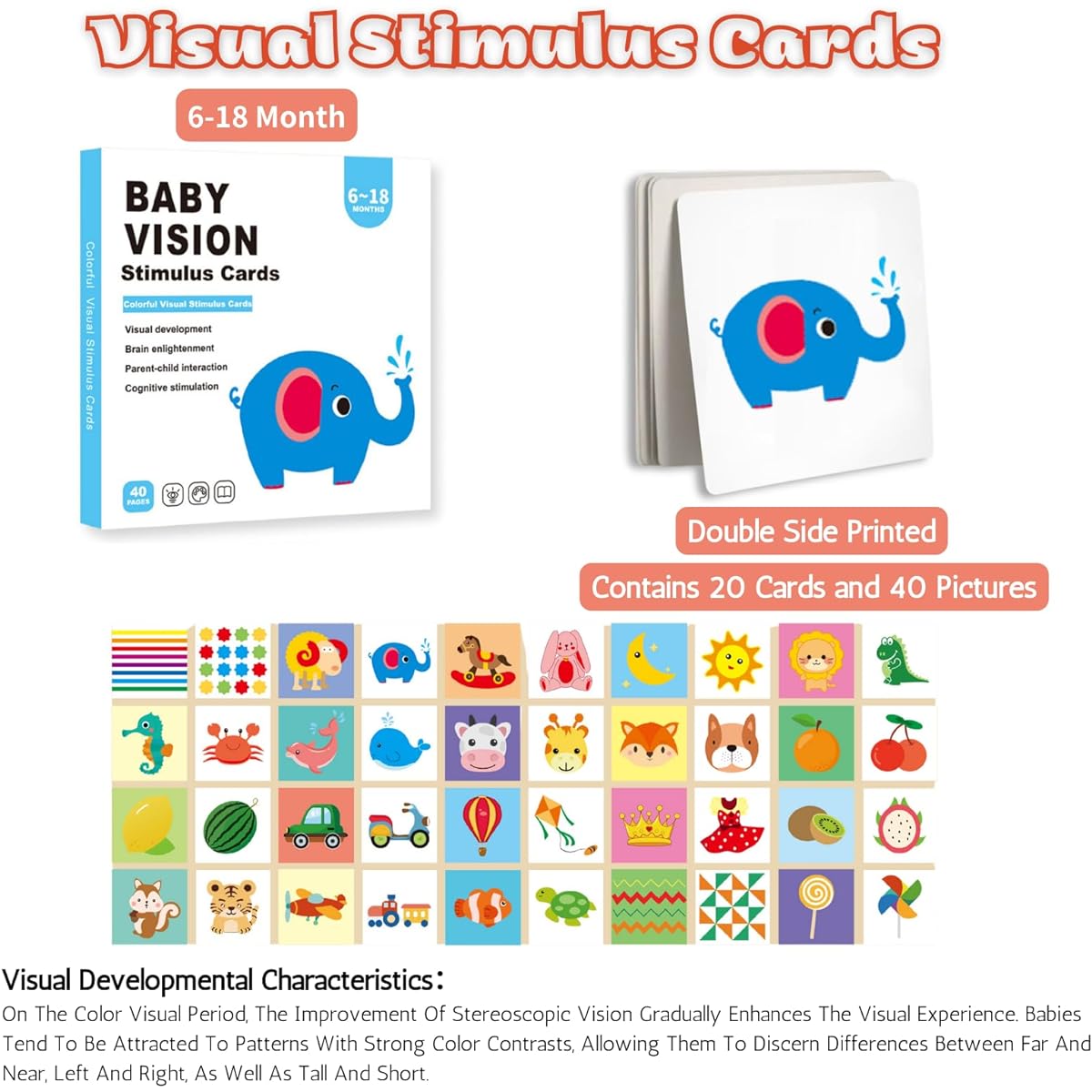 Visual Stimulation Flash Cards 40 Sheets 80 Pages Colorful Baby Visual Stimulation Cards Sensory Development Black White Card Set for Newborns (2 Books (6-36 Months))