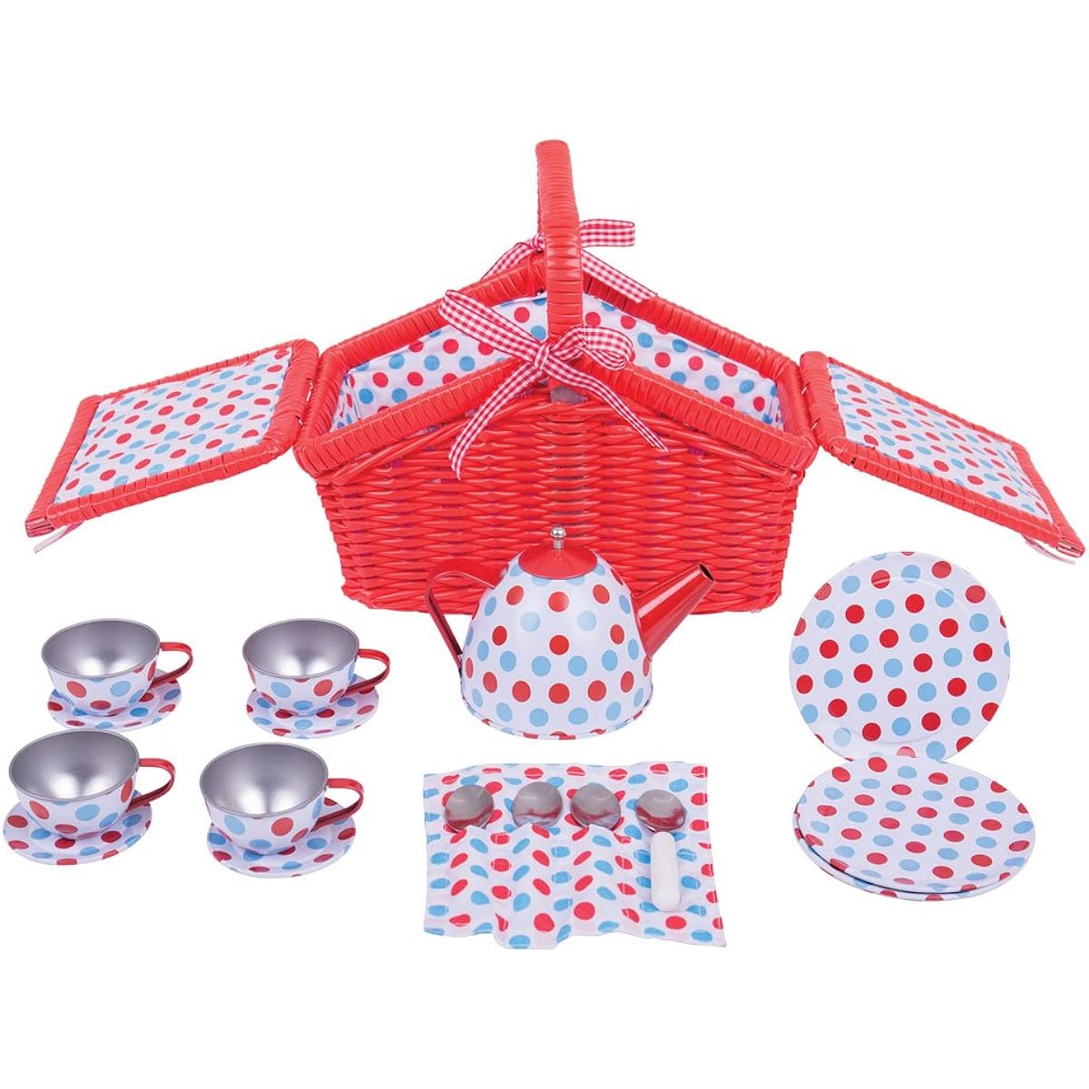 Bigjigs Toys Spotted Tin Tea Set In A Basket