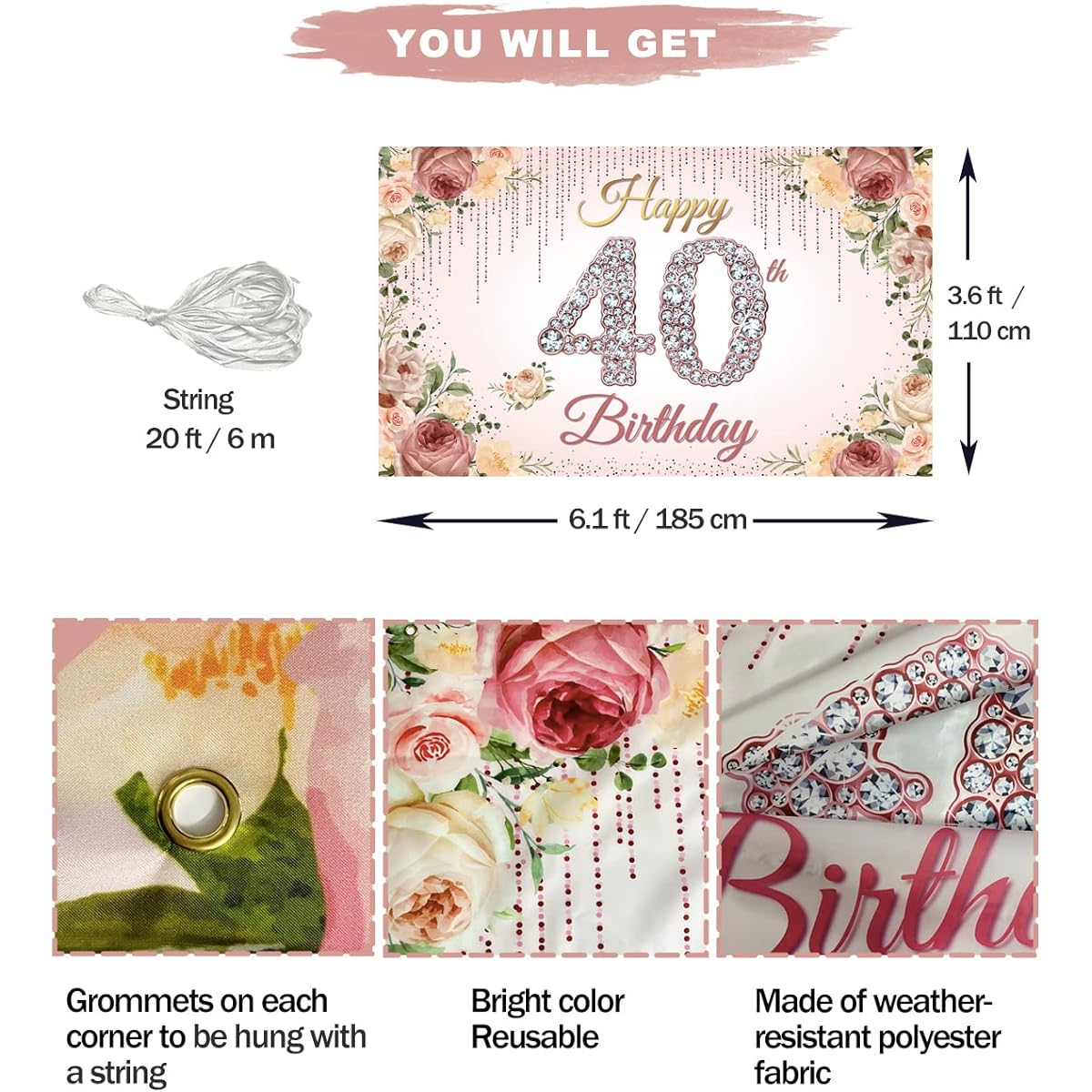 HTDZZI 40th Birthday Decorations for Women Happy 40th Birthday Backdrop Banner Rose Gold 40th Birthday Photo Booth Props Pink Floral 40th Birthday Party Yard Sign Poster Supplies 6ft x 3ft