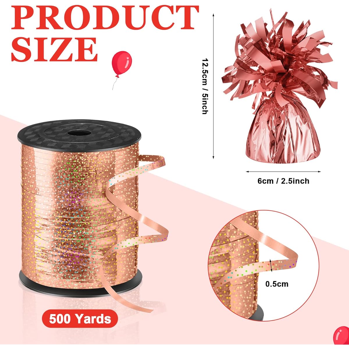 24pcs Balloon Weights Metallic Anchor Balloon Holder Heavy Table Weights 1 Roll Ribbon Curling Ribbon Iridescent Crimp Ribbon for Table Party Birthday Decorations (Rose Gold)