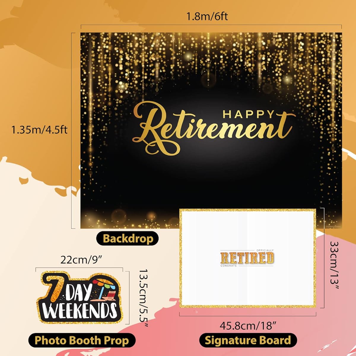 Happy Retirement Party Decorations Backdrop | Retirement Gift Sign Board | Photo Booth Props Black & Gold Party Supplies | Jumbo Greeting Card Guest Book for Men Women Colleagues