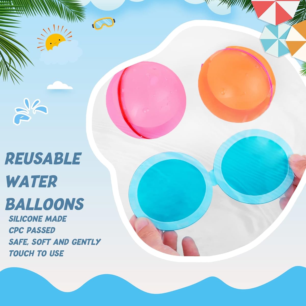 Hamsoo Reusable Water Balloons, Refillable Water Ball Pool Toys, Magnetic Silicone Self Sealing Quick Fill Splash Balls for Kids, Adults, Outdoor Party Supplies - 10pcs