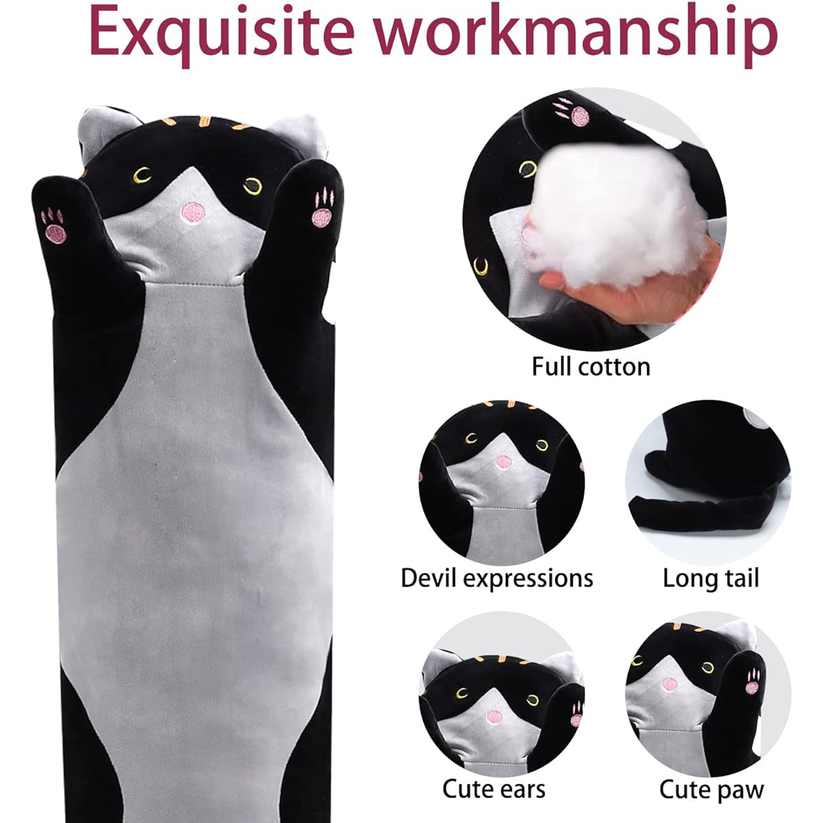 WUYU Cute Plush Cat Doll Cute Cartoon Soft Stuffed Animal Kitten Pillow Long Throw Sleeping Pillow Doll Toy Gift for Kids Girlfriend Multiple Sizes (Black, 50cm/19.6inch)