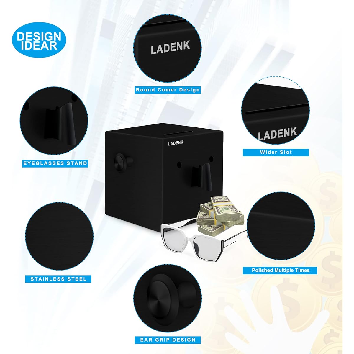 Ladenk Unbreakable Piggy Bank for Adults Kids with Glasses Holder Stainless Steel Piggy Bank Need to Open Piggy Bank Real Money Cash Piggy Bank 5.2 Inch (Black)