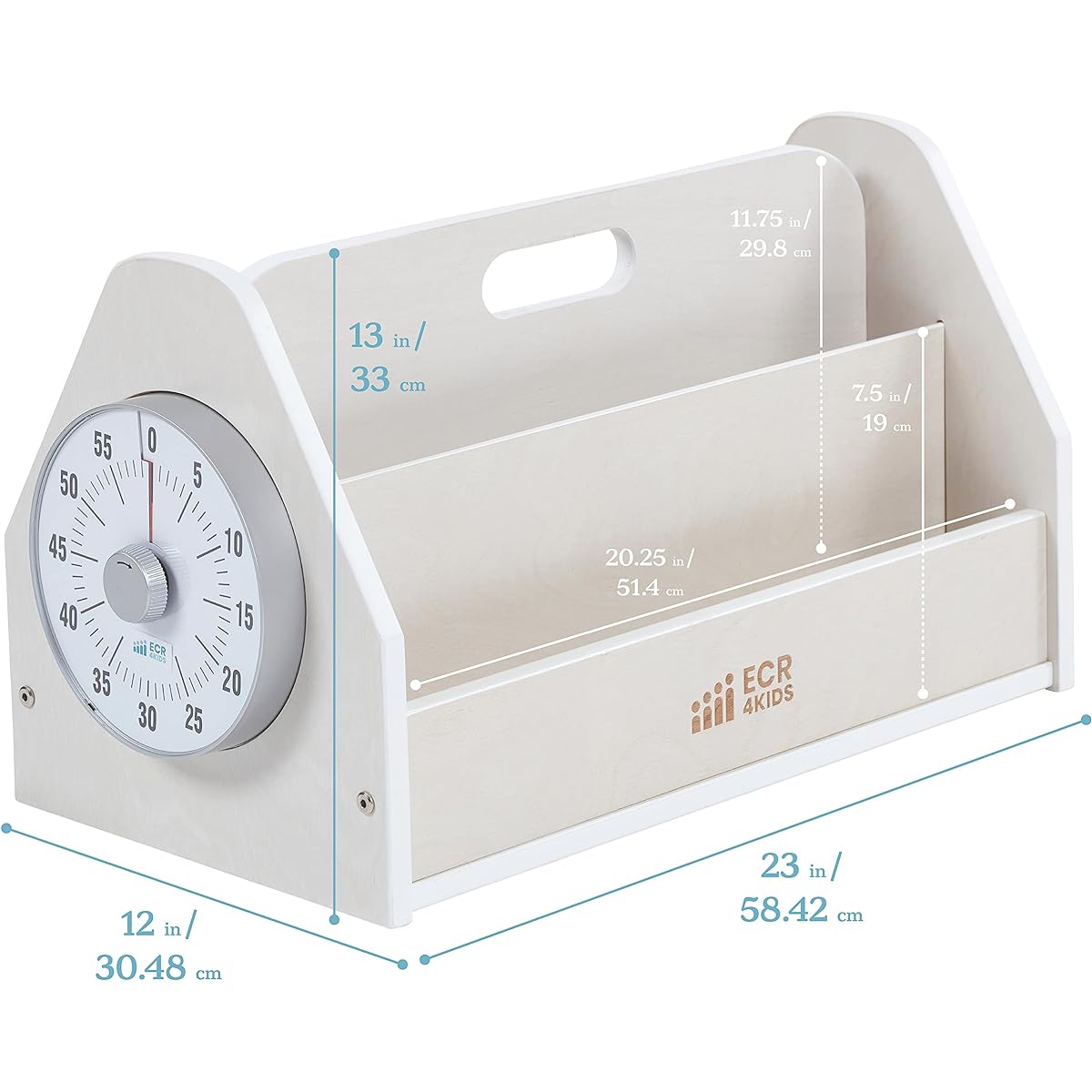 ECR4Kids Double Sided Book Caddy with Countdown Timer Portable Library White Wash