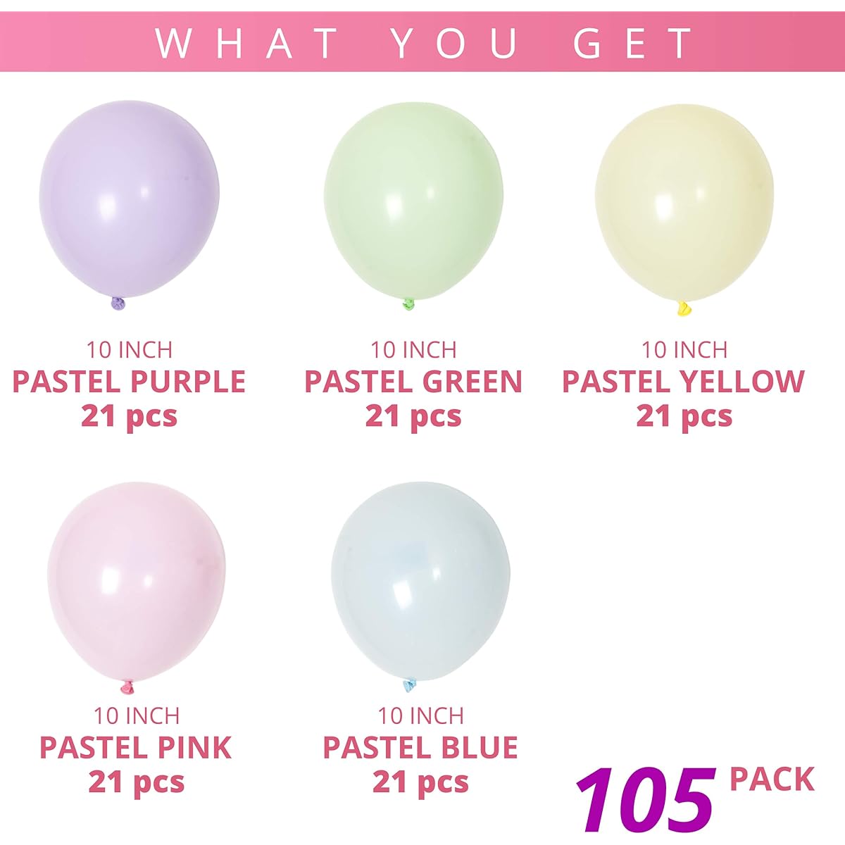 Sparkly Confetti Premium 105 Pack Pastel Pink Purple Yellow Green Blue Balloons Birthday Party Supplies for Unicorn Rainbow Mermaid Unicorn Donut Ice Cream Baby Shower Party