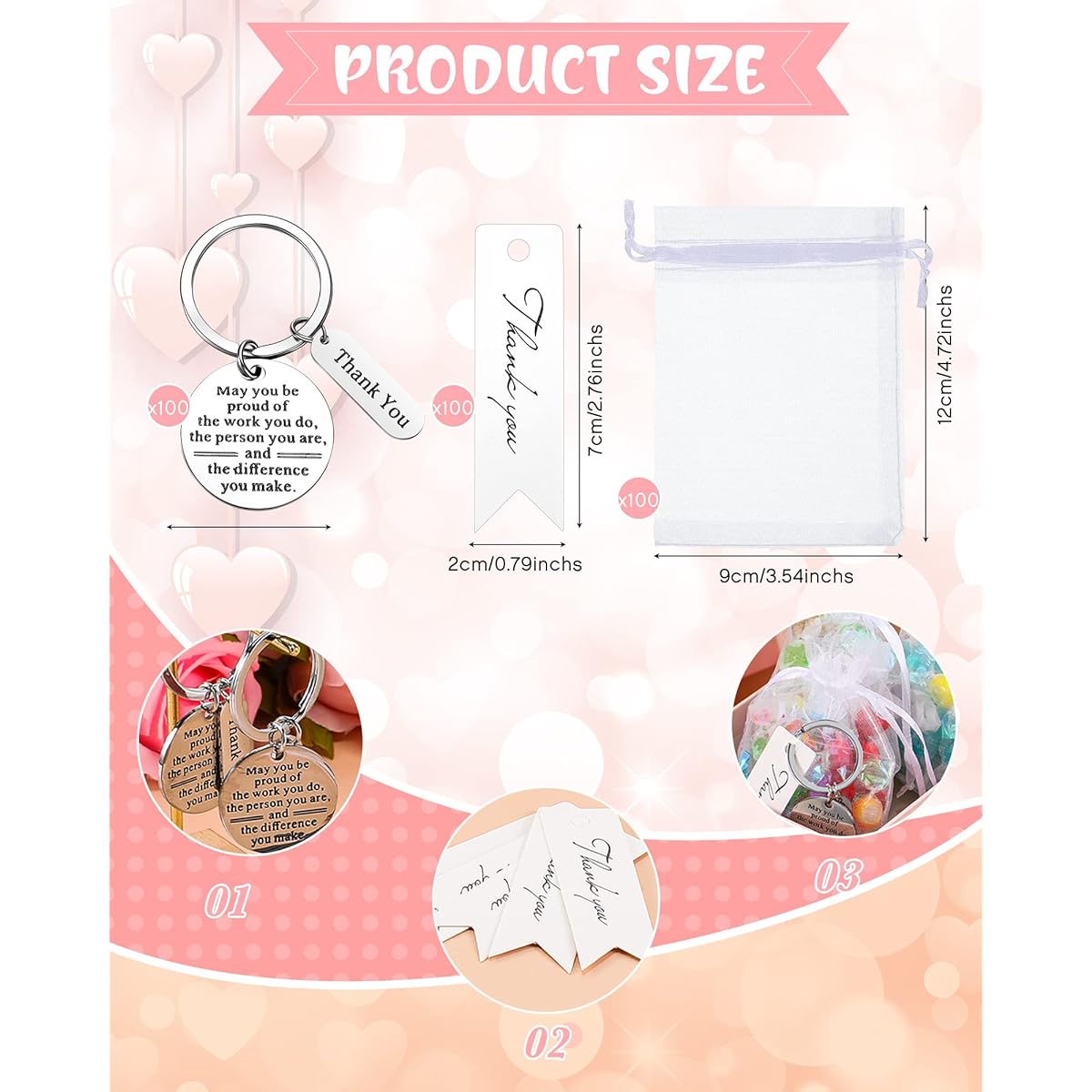 300 Employee Appreciation Gifts, Bulk Gifts for Coworkers, 100 Inspirational Employee Appreciation Keychains, 100 Thank You Cards and 100 Organza Bags for Office Teachers and Nurse Teams (Silver)
