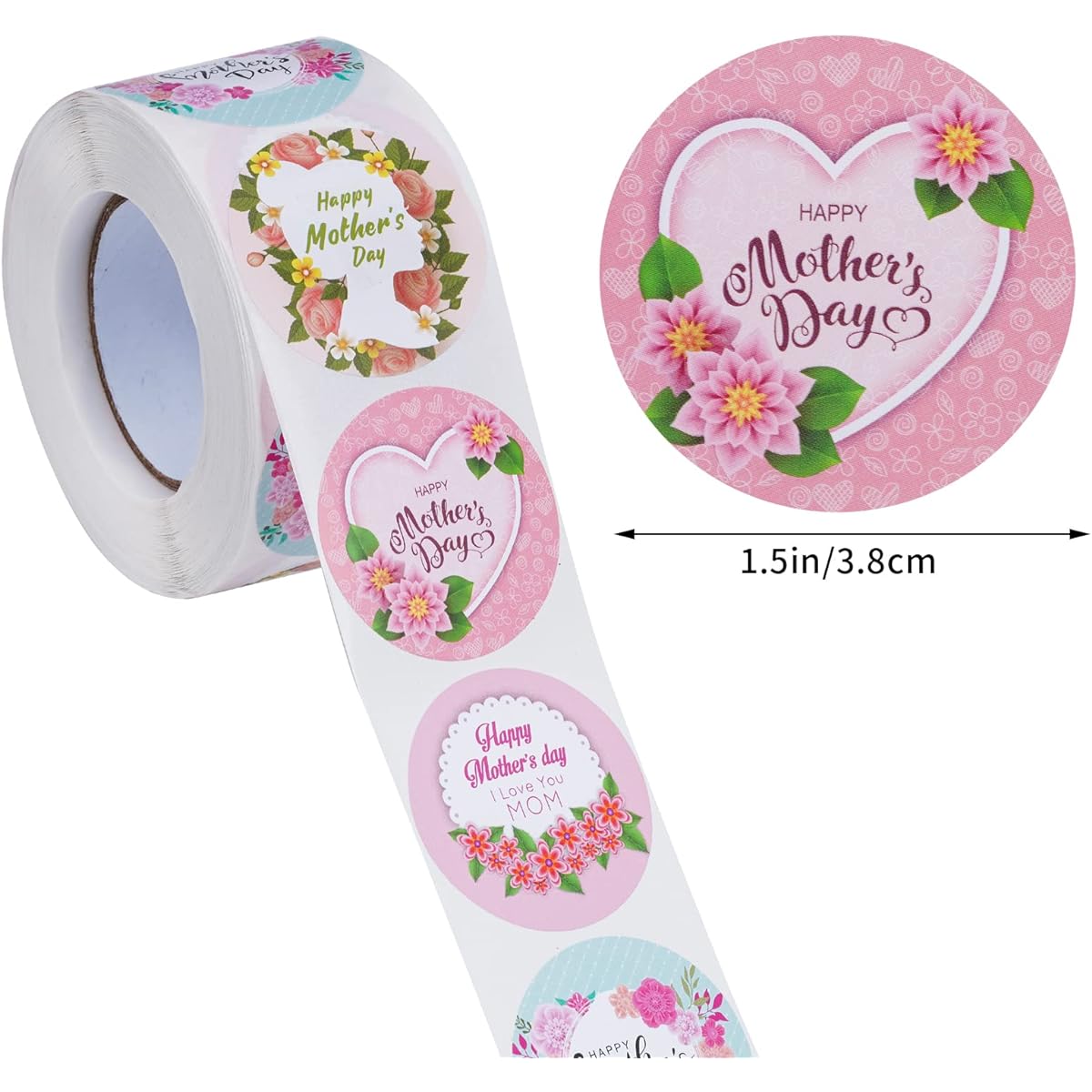 Sucrain 1000 Sheets Happy Mother's Day Gift Stickers, 2 Rolls Gift Present Card Cookie Cake Flower Decoration Label Sticker 4 Designs (1.5 Inch)