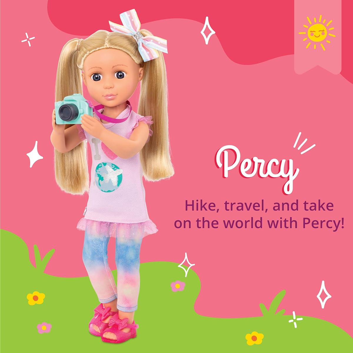 Glitter Girls – Percy 14" Poseable Fashion Doll with Travel Accessories & Camera – Blonde Hair & Unique Purple Eyes – Doll for Girls Ages 3+