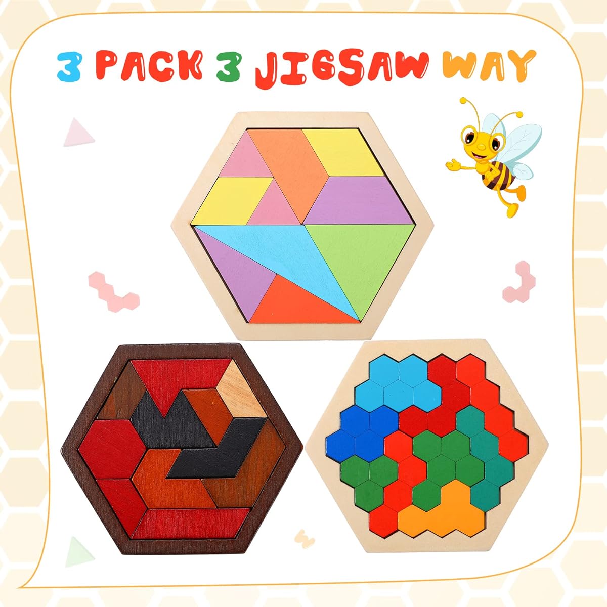 Wooden Hexagon Tangram Puzzle Challenge Wooden Brain Teaser Hexagon Geometric Wooden Block Puzzle Toys for People of Different Ages Logic Mind Game Gift 3 Pack