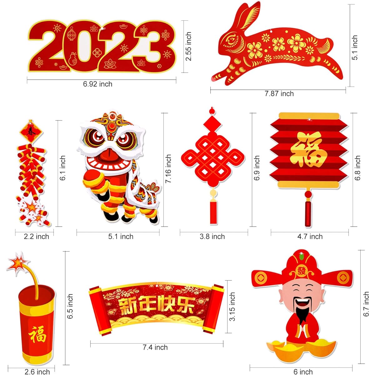 HOWAF 2022 Chinese New Year Hanging Decorations 30 Pieces Red Gold Chinese New Year Hanging Swirl Lion Dance Lantern Firecracker Tiger Banner Set Spring Festival New Year Home Party Decorations