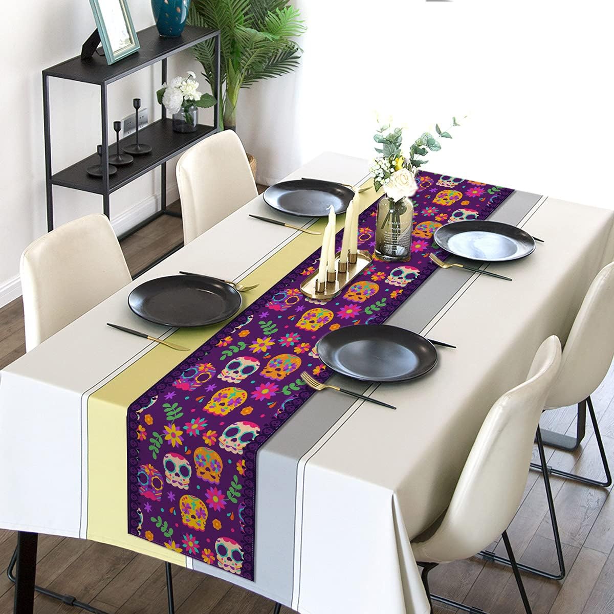 Linen 13" x 72" Sugar Skull Table Runner Mexican Dia De Los Muertos Day of the Dead Marigold Table Decorations for Home Kitchen Dining Room