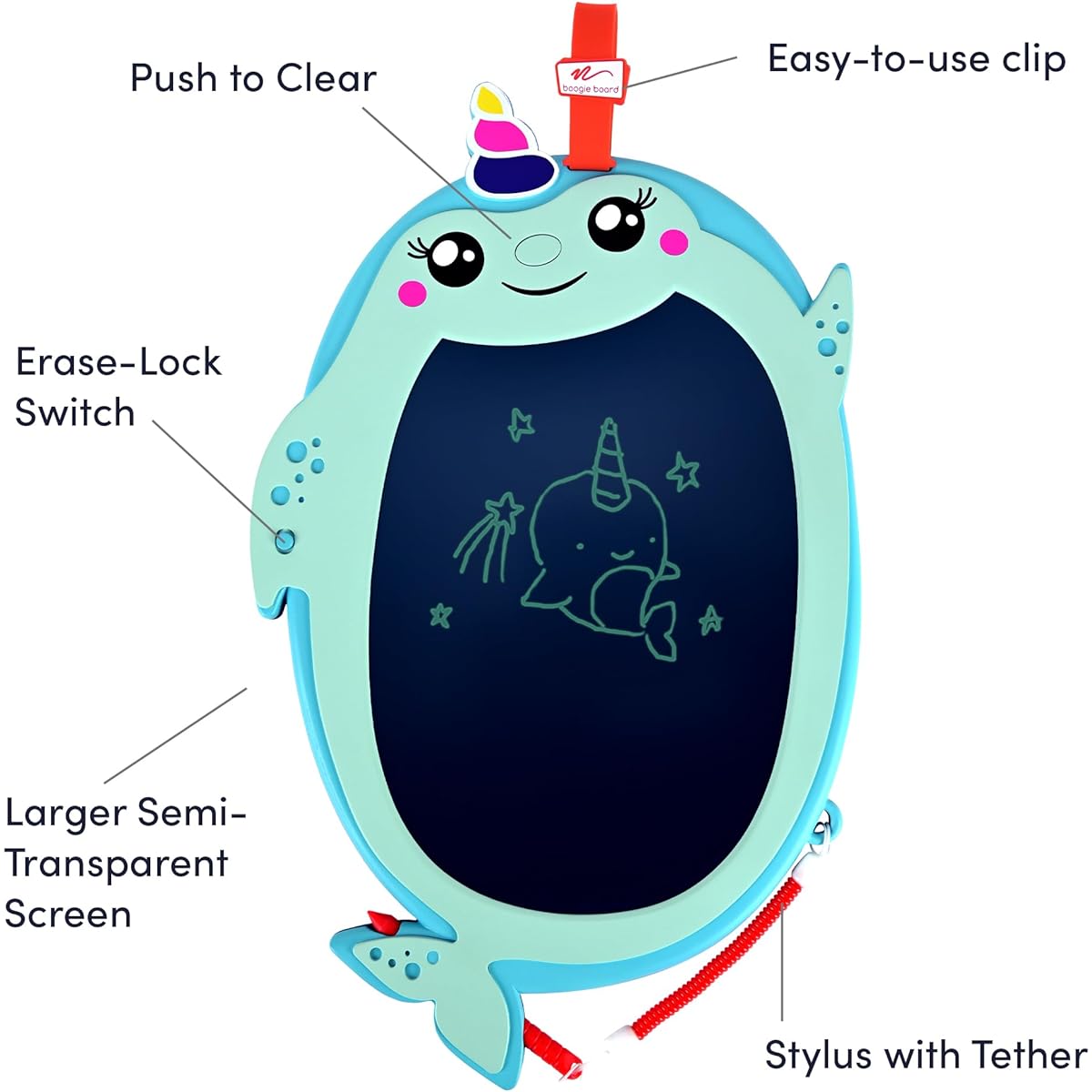 Boogie Board Sketch Pals Portable Doodle Board for Kids - 9x6 Inch Writing Surface, Reusable Drawing Pad with Erase Lock and Stylus - Great for Travel - Ages 4+ - Nora the Narwhal