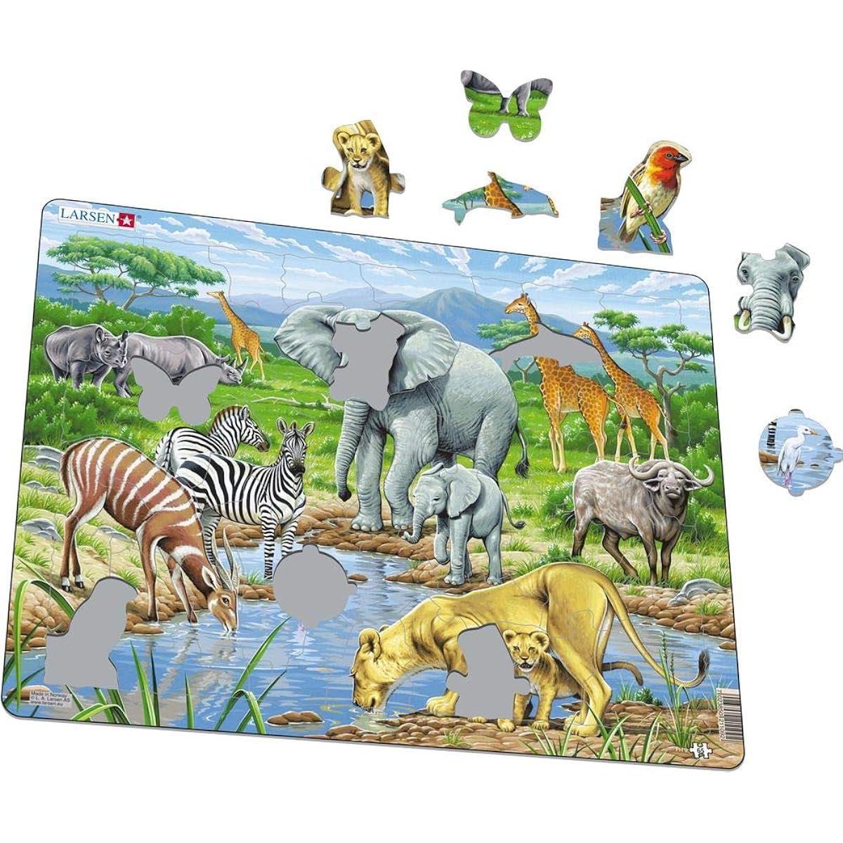 Larsen Puzzles African Savannah Educational Jigsaw Puzzle - 65 Piece Tray & Frame Style Puzzle - Handcrafted Exclusively from Norway