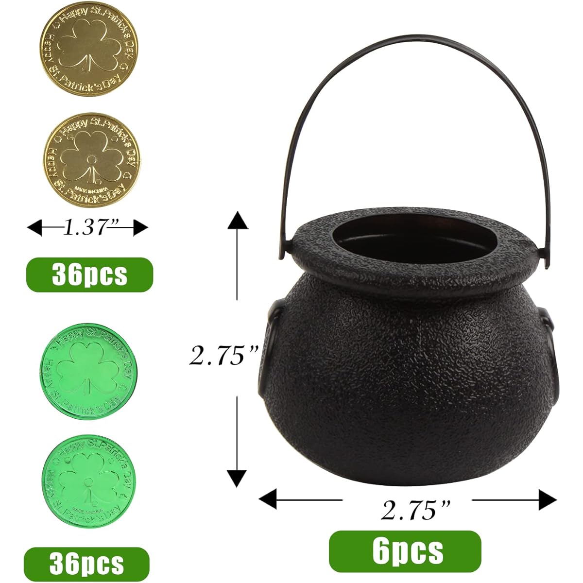 FOIMAS Mini Black Cauldron 6pcs Plastic Candy Kettle with 72pcs Shamrock Coins St. Patrick's Day Party Decorations Supplies