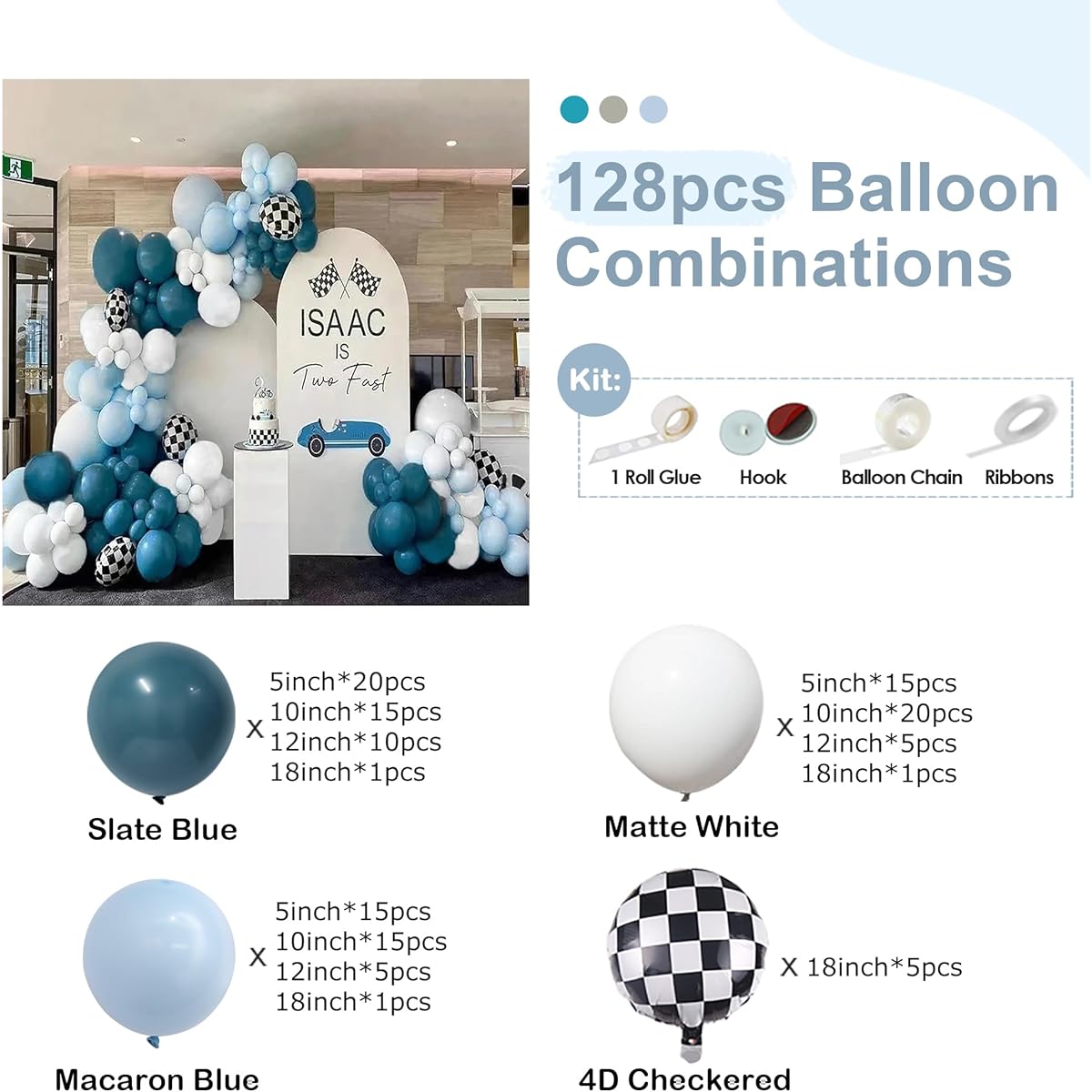 Shivnsotpa Race Car Balloons Arch Garland Kit, 128pcs Slate Blue Matte Latex Balloons with 4D Checkered Foil for Racing Car Birthday Baby Shower Racing Car Party Games Celebration Decoration Supplies