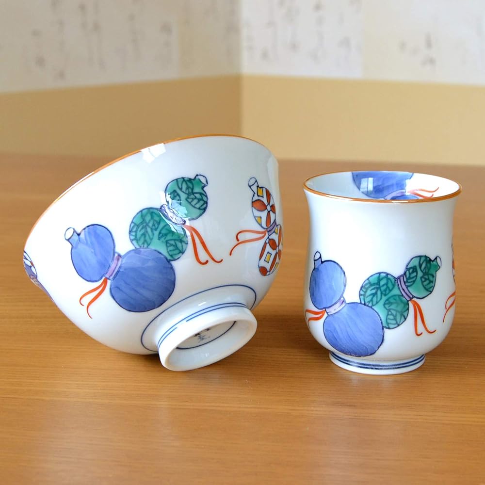 Rice life celebration, lucky charm gift for good health, Arita ware teacup, tea bowl, rice bowl set, Nabeshima six gourds, blue, with noshi and message card, in wooden box