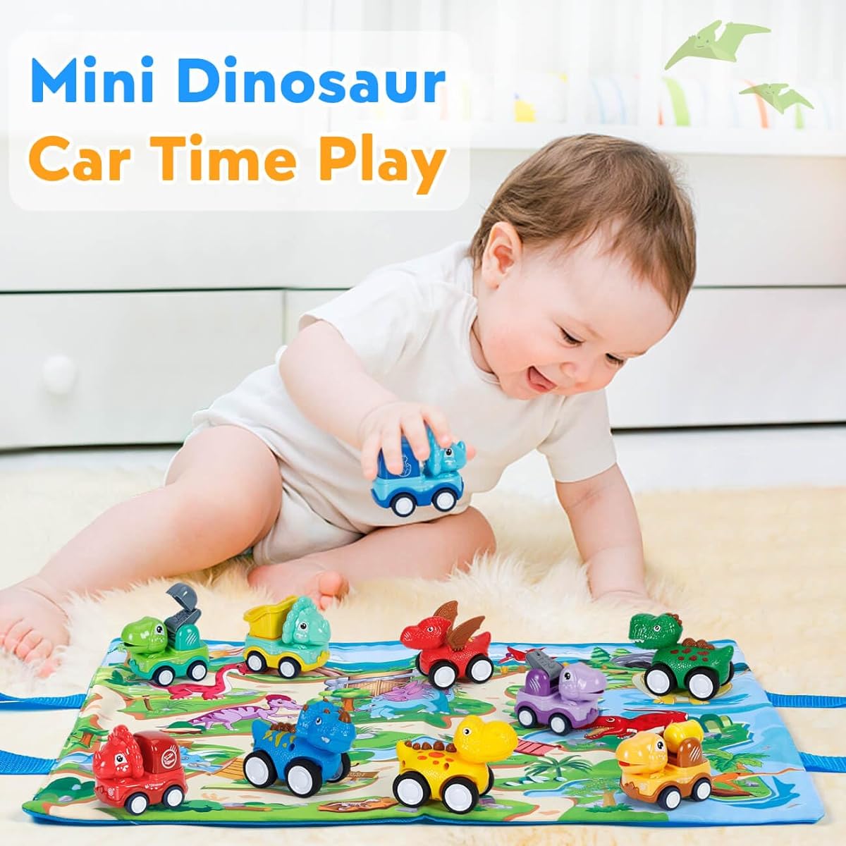 Kiddiworld Mini Dinosaur Car Toy Gift for 1 Year Old Boy | Pull Back Truck with Play Mat Storage Box for 1-2 Year Old Toddler | Baby Toys 12-18 Months | First Christmas Birthday Gift for 1 Year Old Toddler