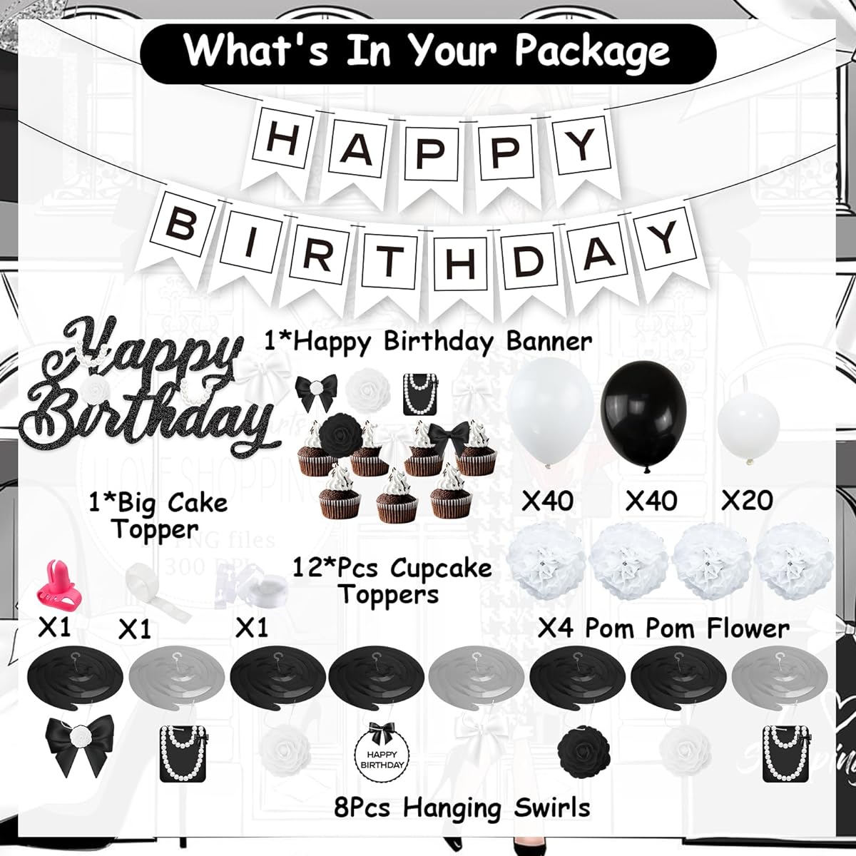 Black and White Birthday Party Decorations for Women Men Black and White Balloon Garland Arch Happy Birthday Banner Hanging Swirls Cake Topper 21st 30th 40th 50th 60th Birthday Decorations